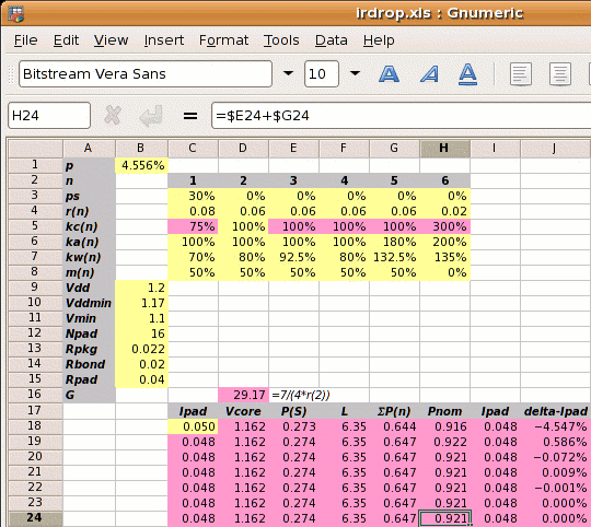 spreadsheet showing iteration to solution of Pnom